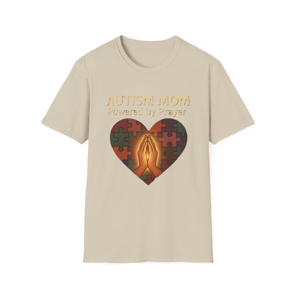 Autism Mom Shirt – Powered by Prayer Puzzle Heart Graphic for Autism Support
