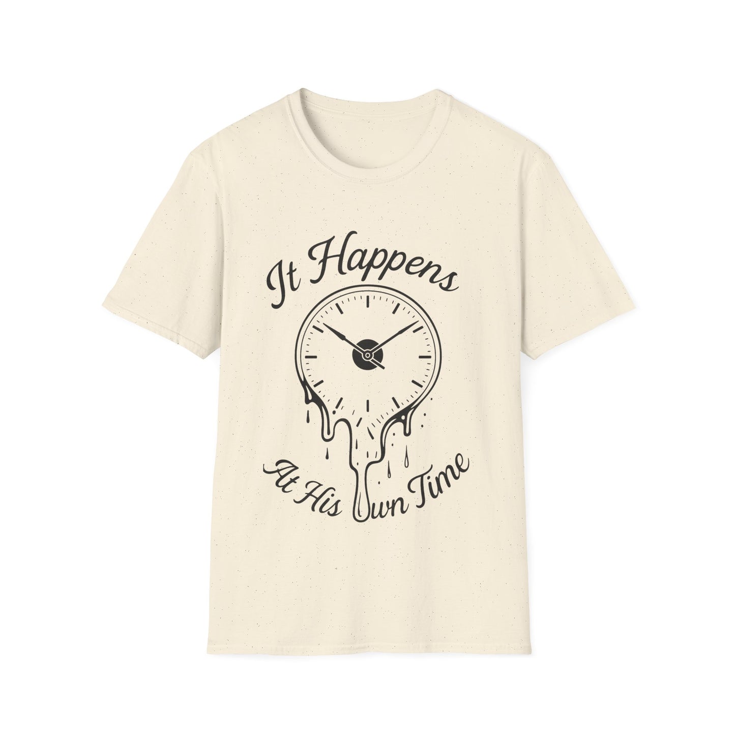 At His Own Time T-Shirt | Christian Faith Melting Clock Tee | Surrealist Spiritual Quote Graphic Shirt