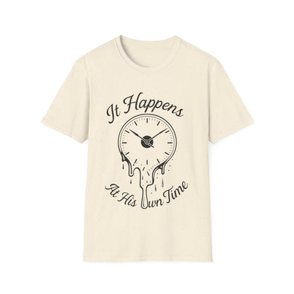 At His Own Time T-Shirt | Christian Faith Melting Clock Tee | Surrealist Spiritual Quote Graphic Shirt