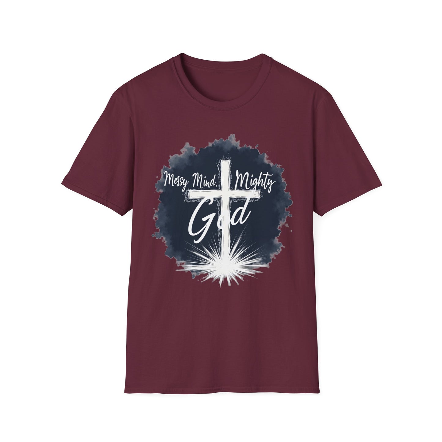 Messy Mind, Mighty God Shirt – Christian Faith T-Shirt with Cross & Empowering Message