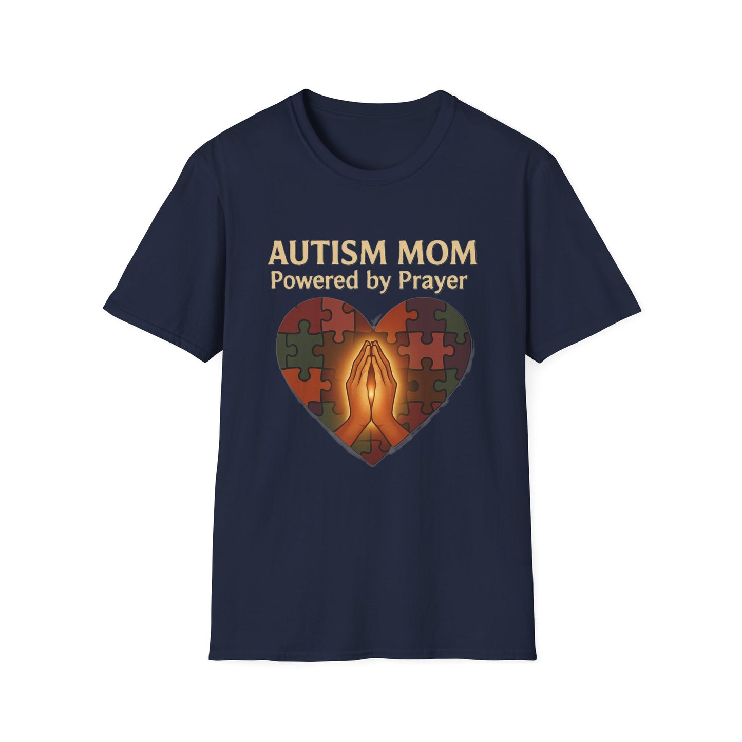 Autism Mom Shirt – Powered by Prayer Puzzle Heart Graphic for Autism Support