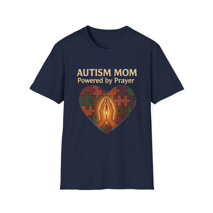 Autism Mom Shirt – Powered by Prayer Puzzle Heart Graphic for Autism Support