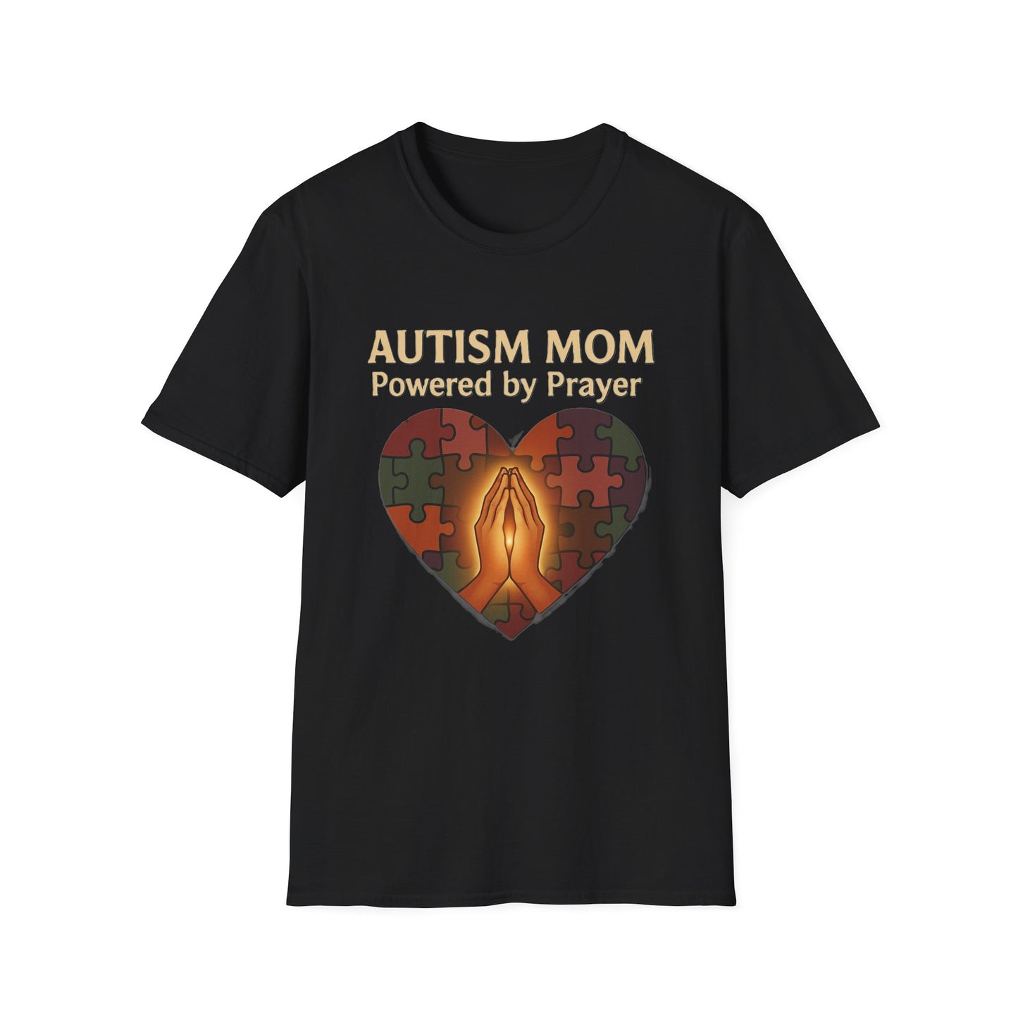 Autism Mom Shirt – Powered by Prayer Puzzle Heart Graphic for Autism Support