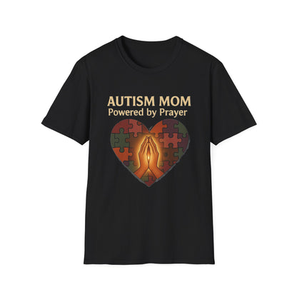 Autism Mom Shirt – Powered by Prayer Puzzle Heart Graphic for Autism Support
