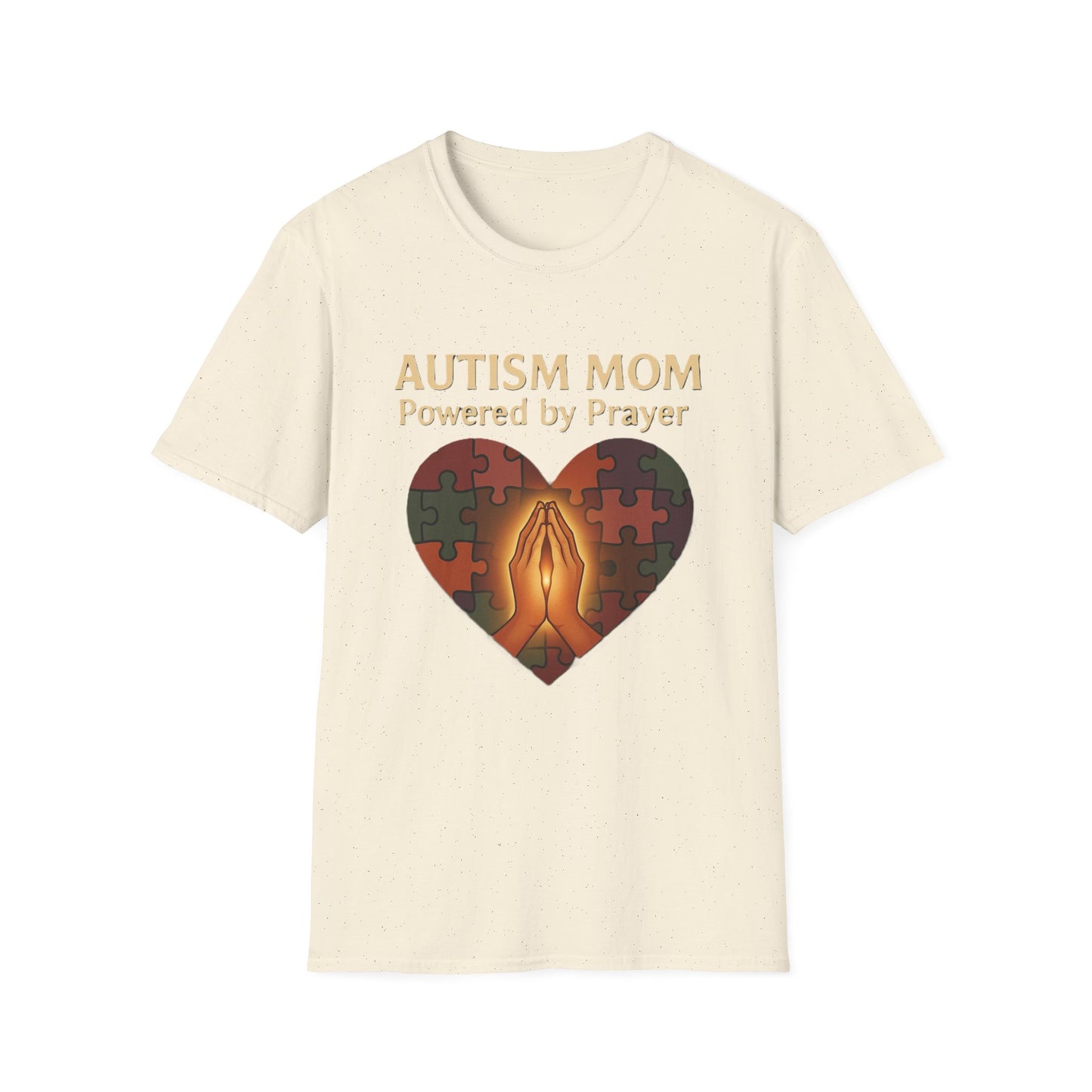 Autism Mom Shirt – Powered by Prayer Puzzle Heart Graphic for Autism Support