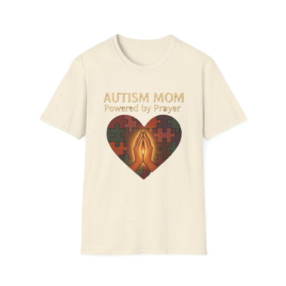 Autism Mom Shirt – Powered by Prayer Puzzle Heart Graphic for Autism Support