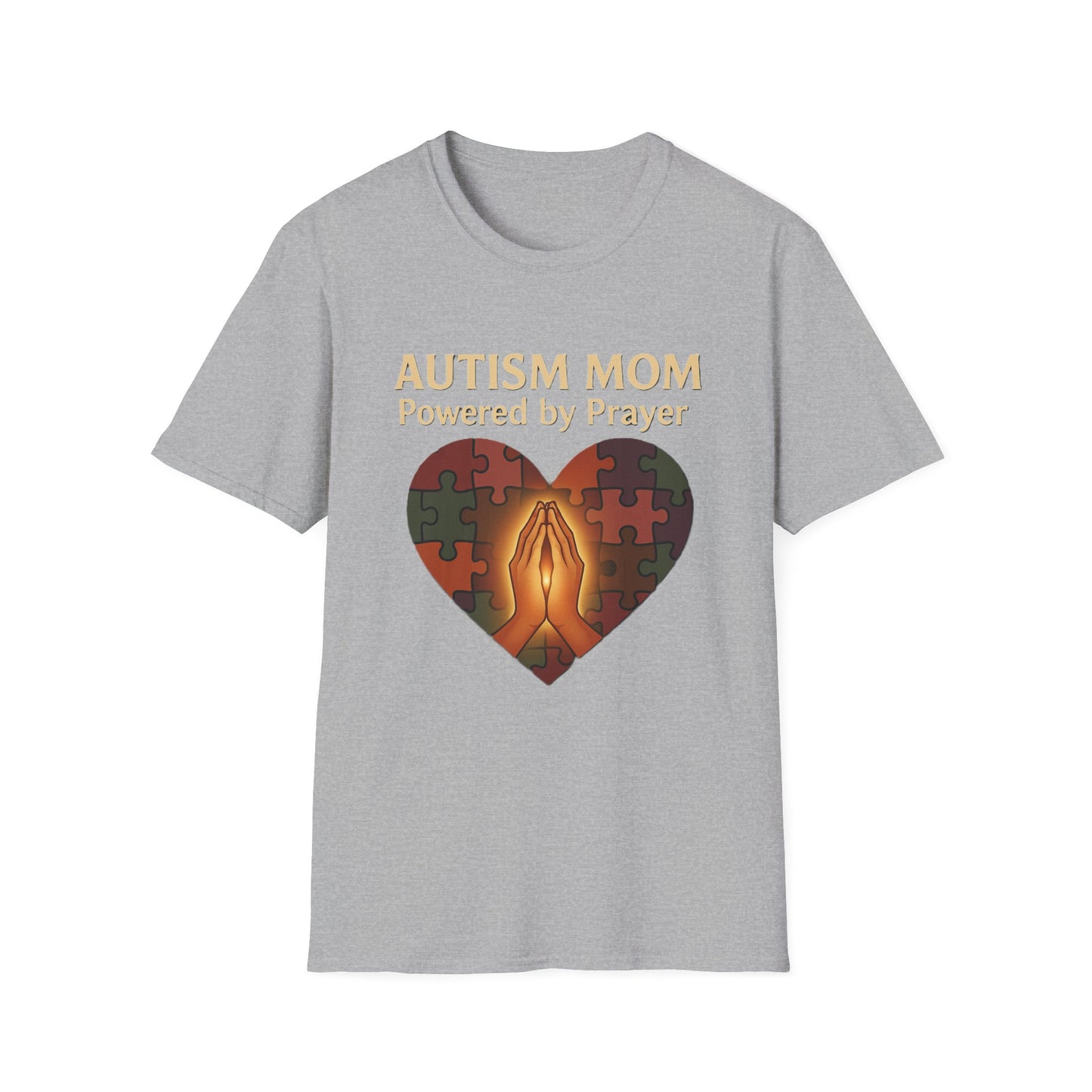 Autism Mom Shirt – Powered by Prayer Puzzle Heart Graphic for Autism Support
