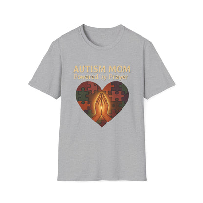 Autism Mom Shirt – Powered by Prayer Puzzle Heart Graphic for Autism Support