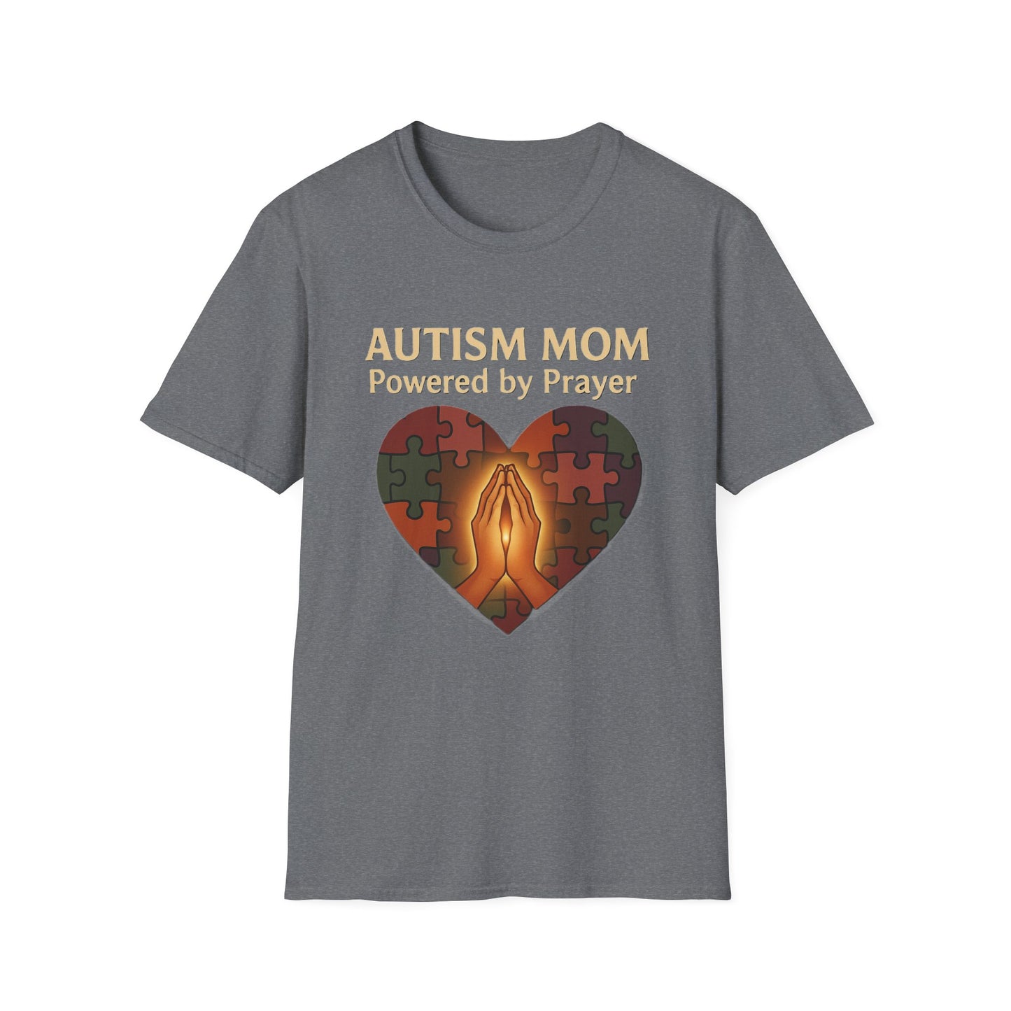 Autism Mom Shirt – Powered by Prayer Puzzle Heart Graphic for Autism Support
