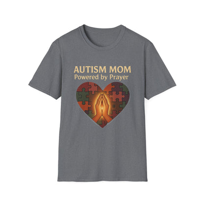 Autism Mom Shirt – Powered by Prayer Puzzle Heart Graphic for Autism Support