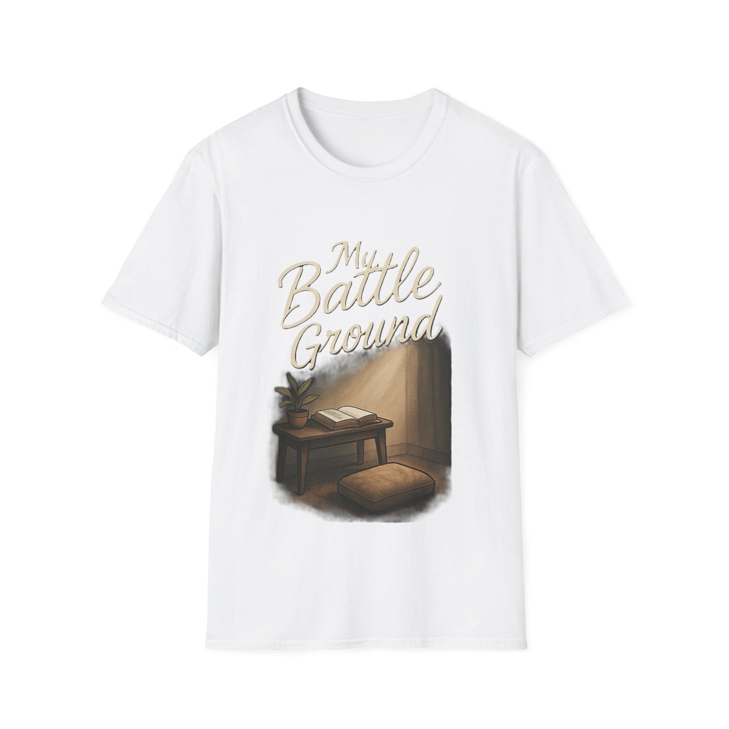 White t-shirt with a graphic design of a room with a desk and chair, and text 'My Battle Ground'.