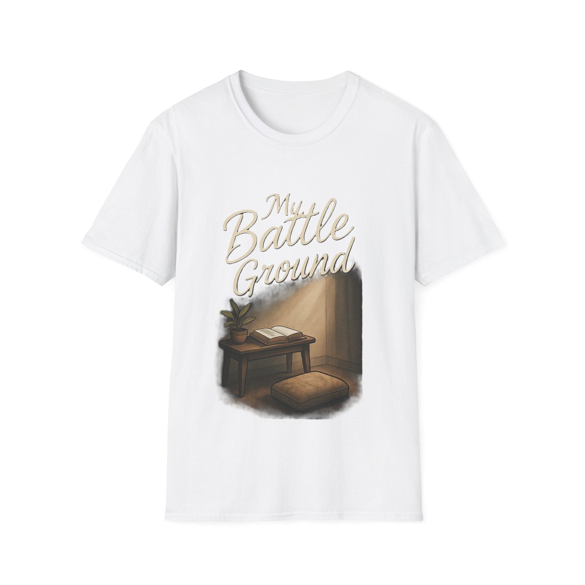 White t-shirt with a graphic design of a room with a desk and chair, and text 'My Battle Ground'.