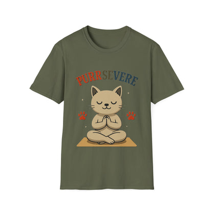 Purrsevere Cat Yoga T-Shirt – Funny Cat Pun Perseverance Tee