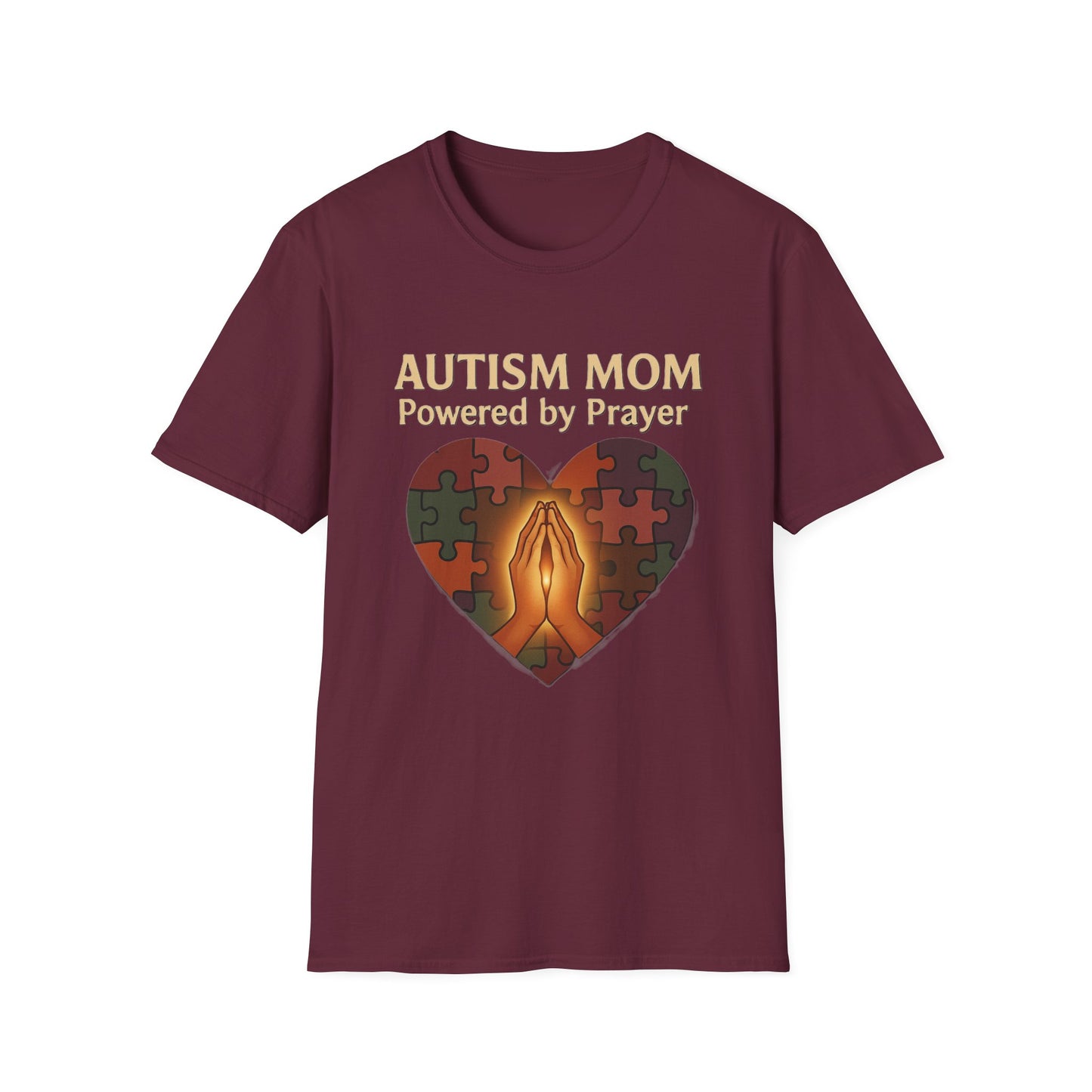 Autism Mom Shirt – Powered by Prayer Puzzle Heart Graphic for Autism Support