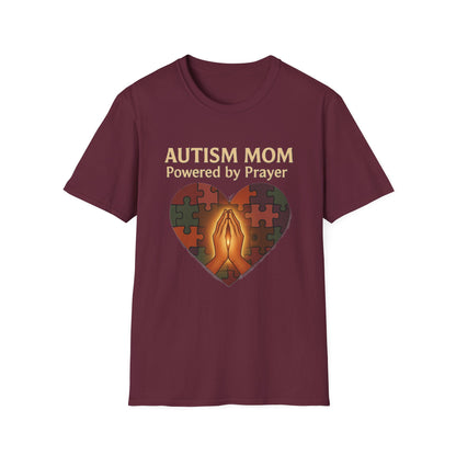 Autism Mom Shirt – Powered by Prayer Puzzle Heart Graphic for Autism Support