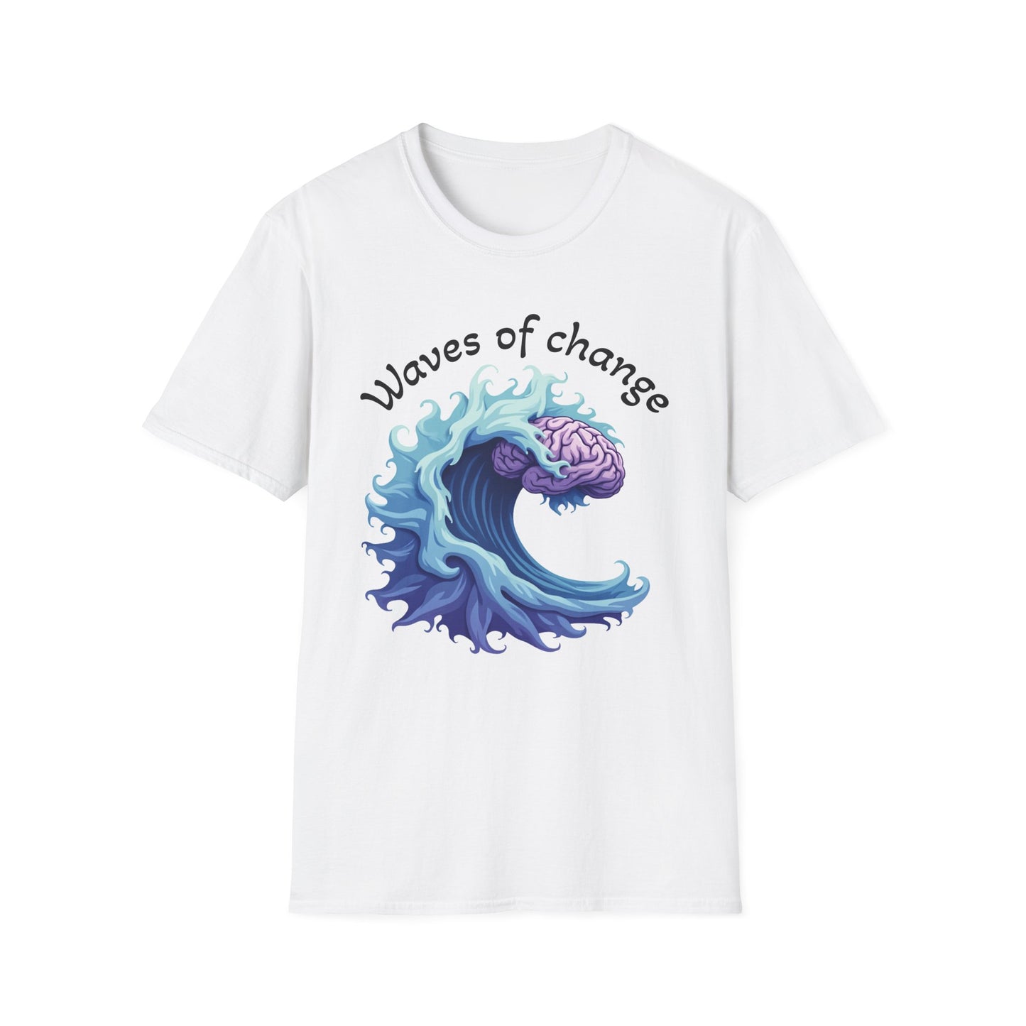 White t-shirt with a graphic of a wave and brain, and text 'Waves of change' on a white background.