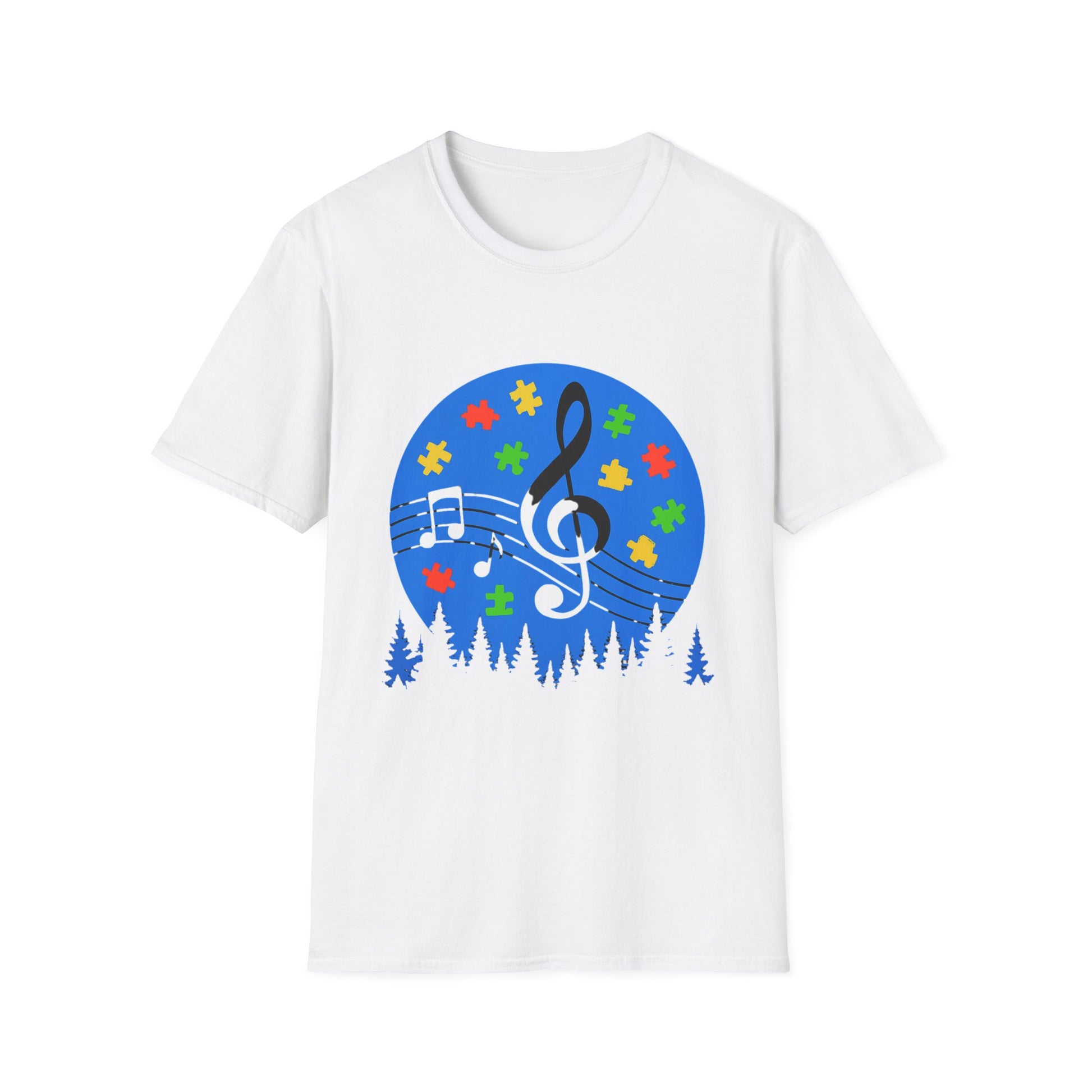 White t-shirt with a colorful music-themed design on a white background