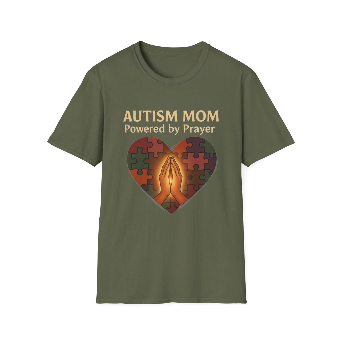 Autism Mom Shirt – Powered by Prayer Puzzle Heart Graphic for Autism Support
