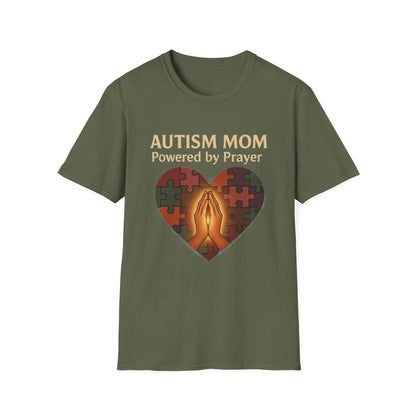 Autism Mom Shirt – Powered by Prayer Puzzle Heart Graphic for Autism Support