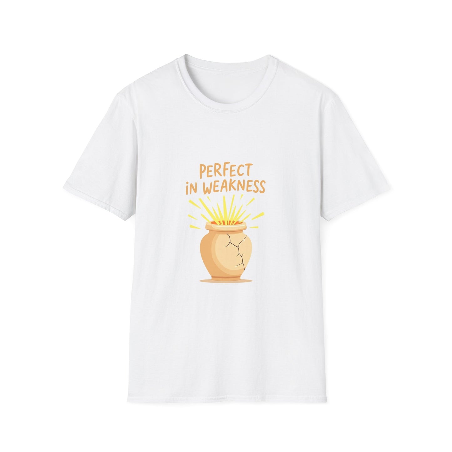 White t-shirt with a graphic design and text on a white background