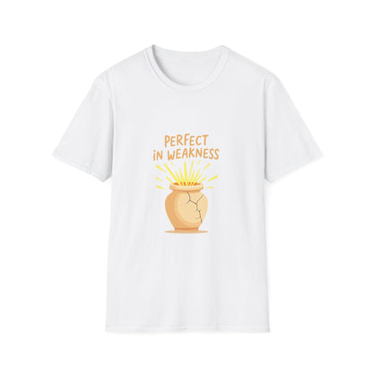 White t-shirt with a graphic design and text on a white background