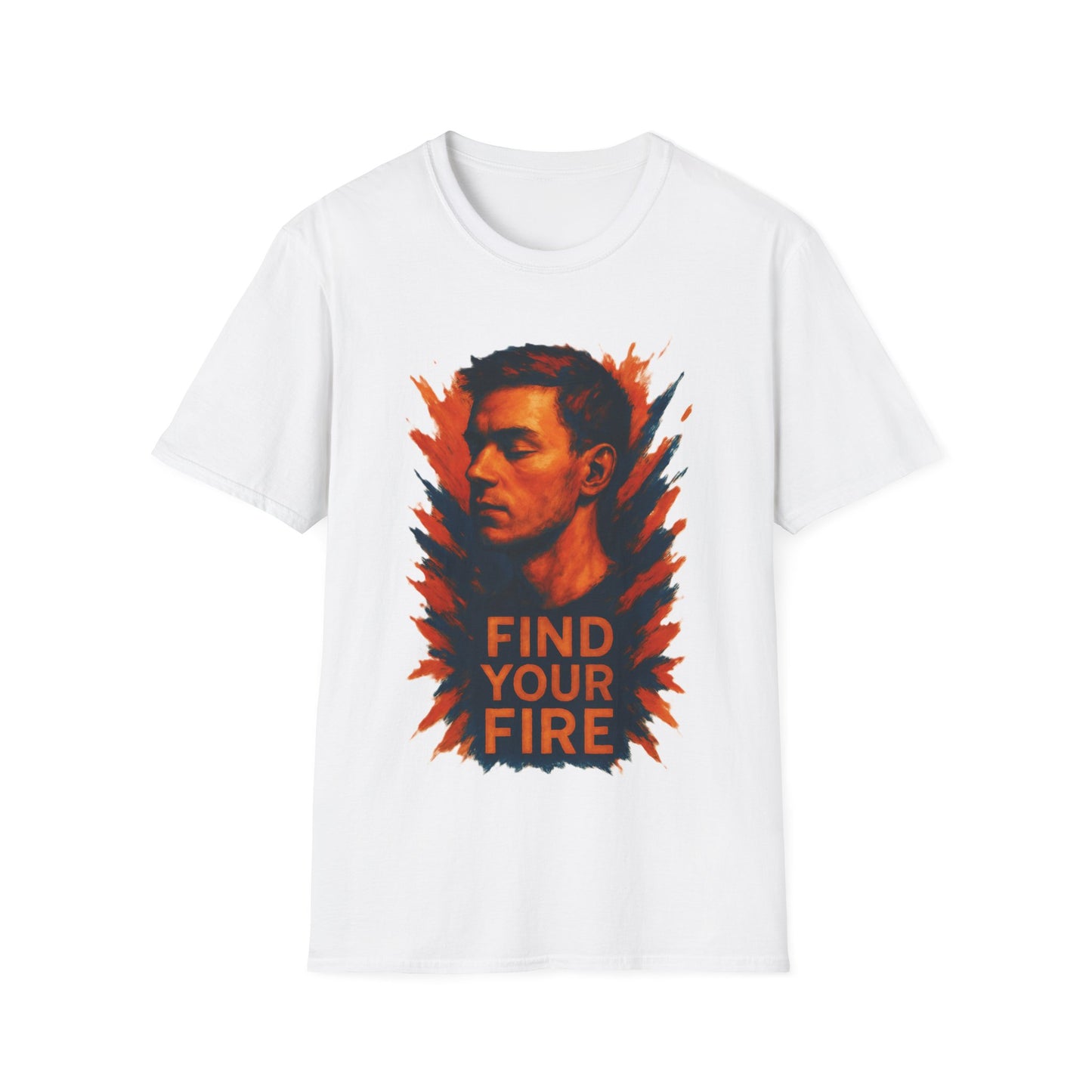 White t-shirt with a graphic design and text 'Find Your Fire' on a white background