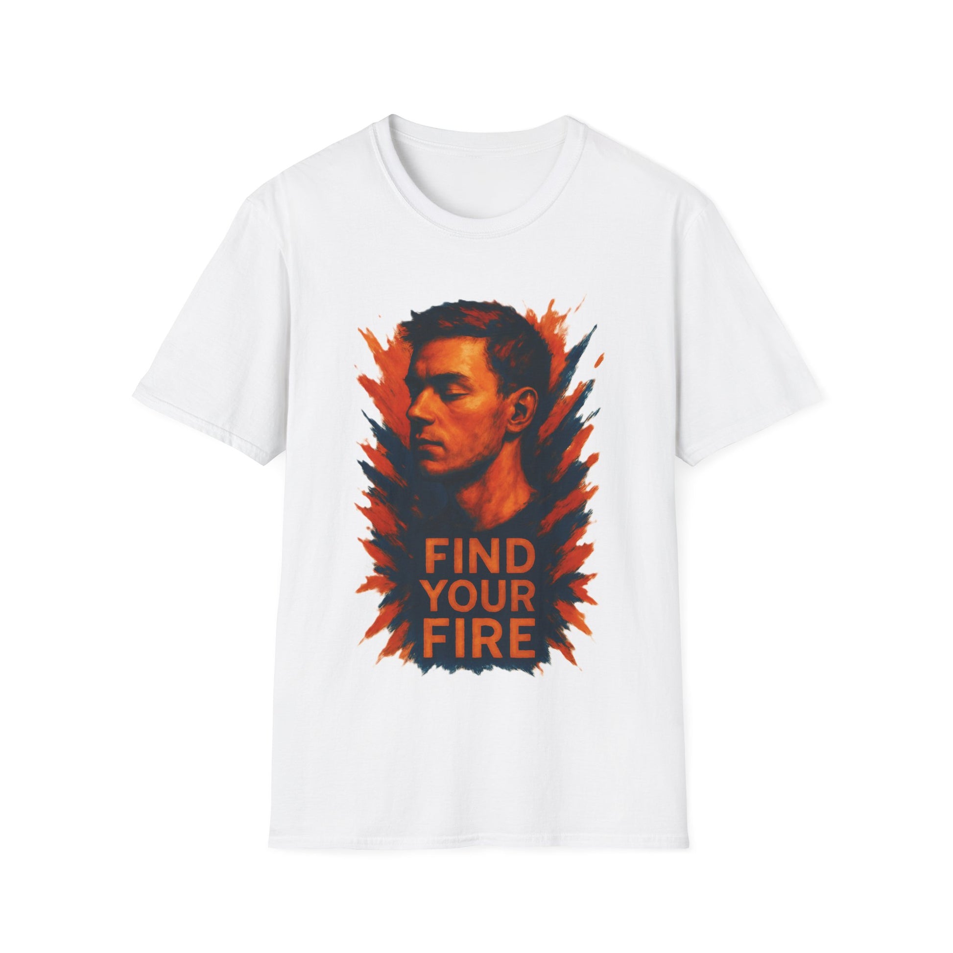 White t-shirt with a graphic design and text 'Find Your Fire' on a white background