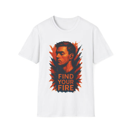 White t-shirt with a graphic design and text 'Find Your Fire' on a white background
