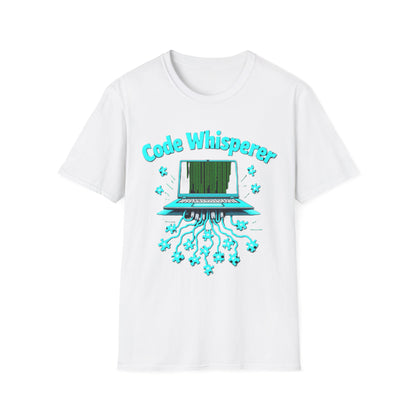 White t-shirt with 'Code Whisperer' graphic design featuring a laptop and text on a white background
