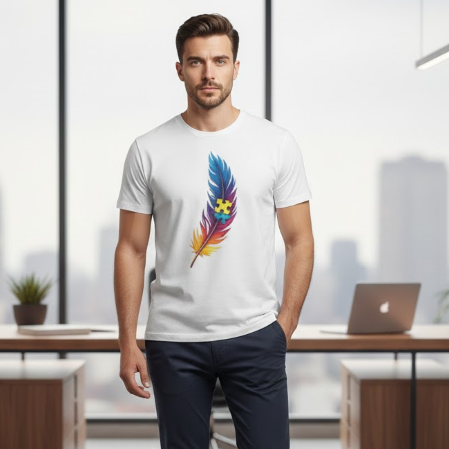 Autism Awareness Feather T-Shirt – Colorful Neurodiversity Puzzle Piece Tee