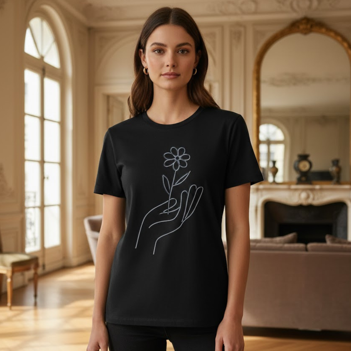 Gentle Care Flower Hand Line Art T-Shirt – Minimalist Kindness Tee  Alt title option: