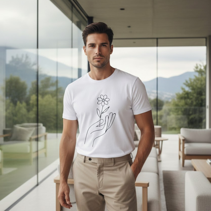 Gentle Care Flower Hand Line Art T-Shirt – Minimalist Kindness Tee  Alt title option: