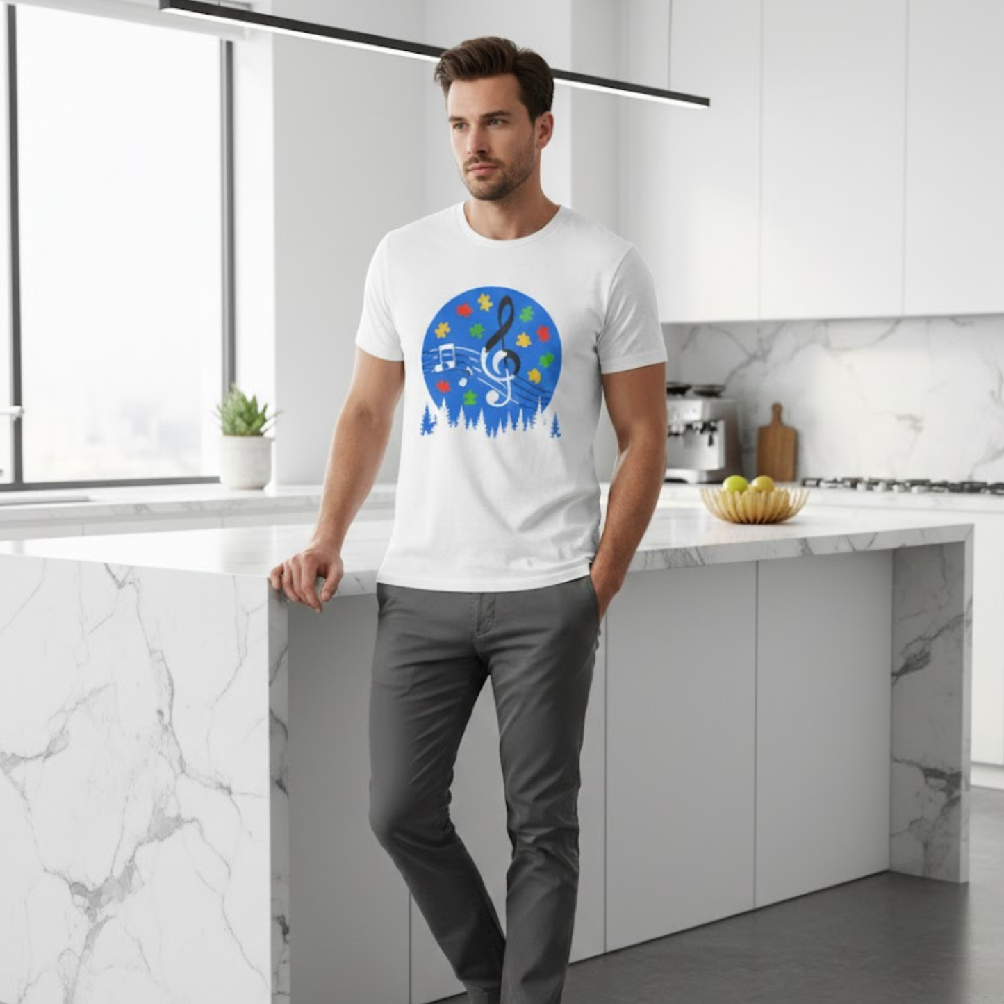 Autism Awareness Music T-Shirt – Puzzle Pieces & Musical Notes Tee