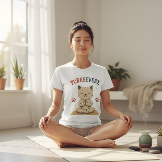Purrsevere Cat Yoga T-Shirt – Funny Cat Pun Perseverance Tee