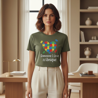 Autism Awareness T-Shirt – Someone I Love Is Unique Puzzle Heart Tee