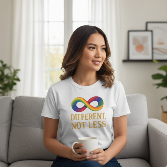 Different, Not Less Shirt – Rainbow Infinity Symbol T-Shirt for Autism Advocacy & Inclusion