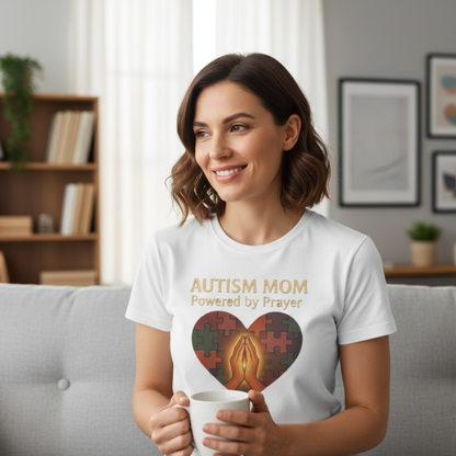 Autism Mom Shirt – Powered by Prayer Puzzle Heart Graphic for Autism Support