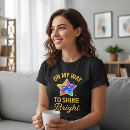 On My Way to Shine Bright Shirt – Autism Pride T-Shirt with Colorful Puzzle Star Design