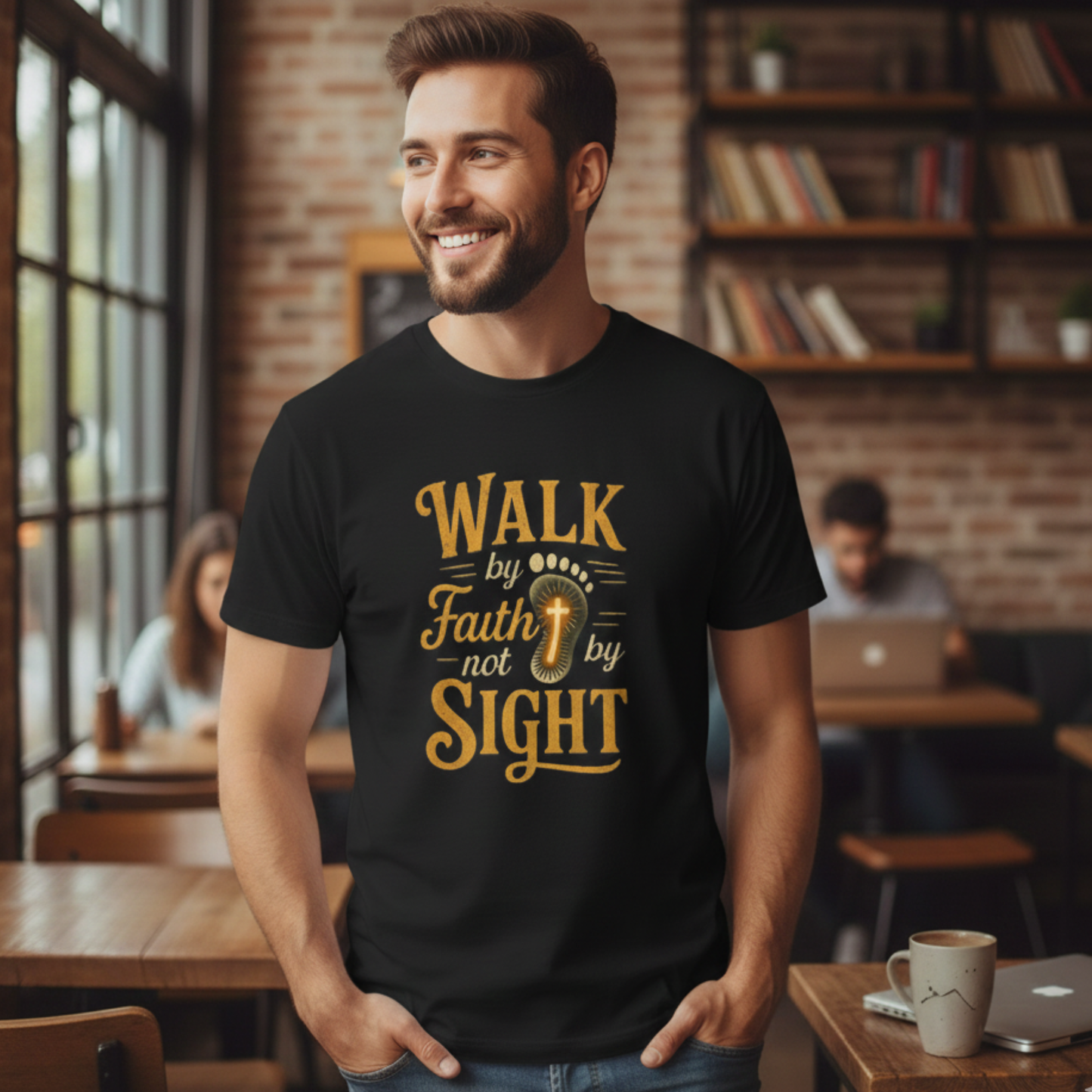 Walk by Faith T-Shirt – Inspirational Christian Shirt with Footprint & Cross Design
