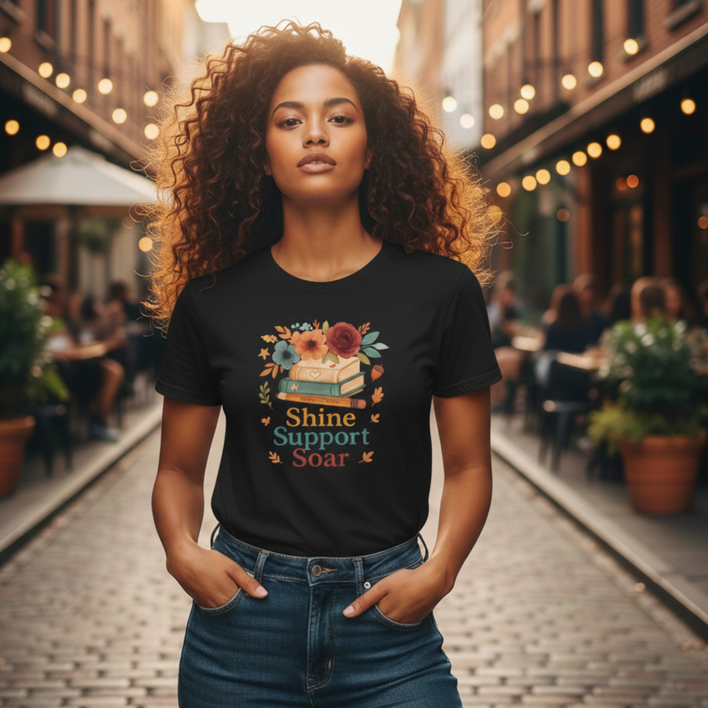 Shine Support Soar Teacher T-Shirt | Floral Book Lover Graphic Tee | Back to School Librarian & Educator Gift
