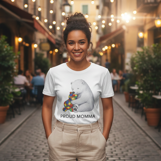 Proud Momma Shirt – Polar Bear with Puzzle Bear Graphic for Autism Awareness