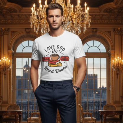Love God Drink Coffee Read Books T-Shirt | Christian Book Lover Tee | Faith-Based Aesthetic Coffee Graphic Shirt