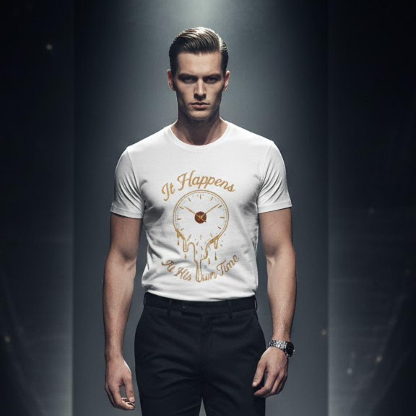 At His Own Time T-Shirt | Christian Faith Melting Clock Tee | Surrealist Spiritual Quote Graphic Shirt