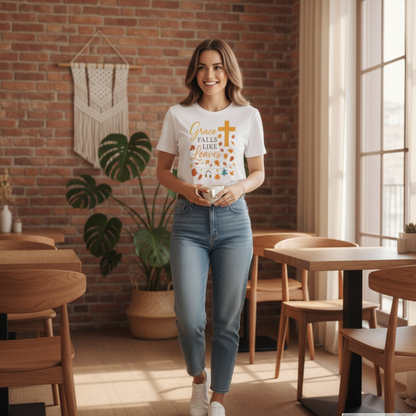 Grace Falls Like Leaves Christian Shirt – Fall Faith Cross T-Shirt